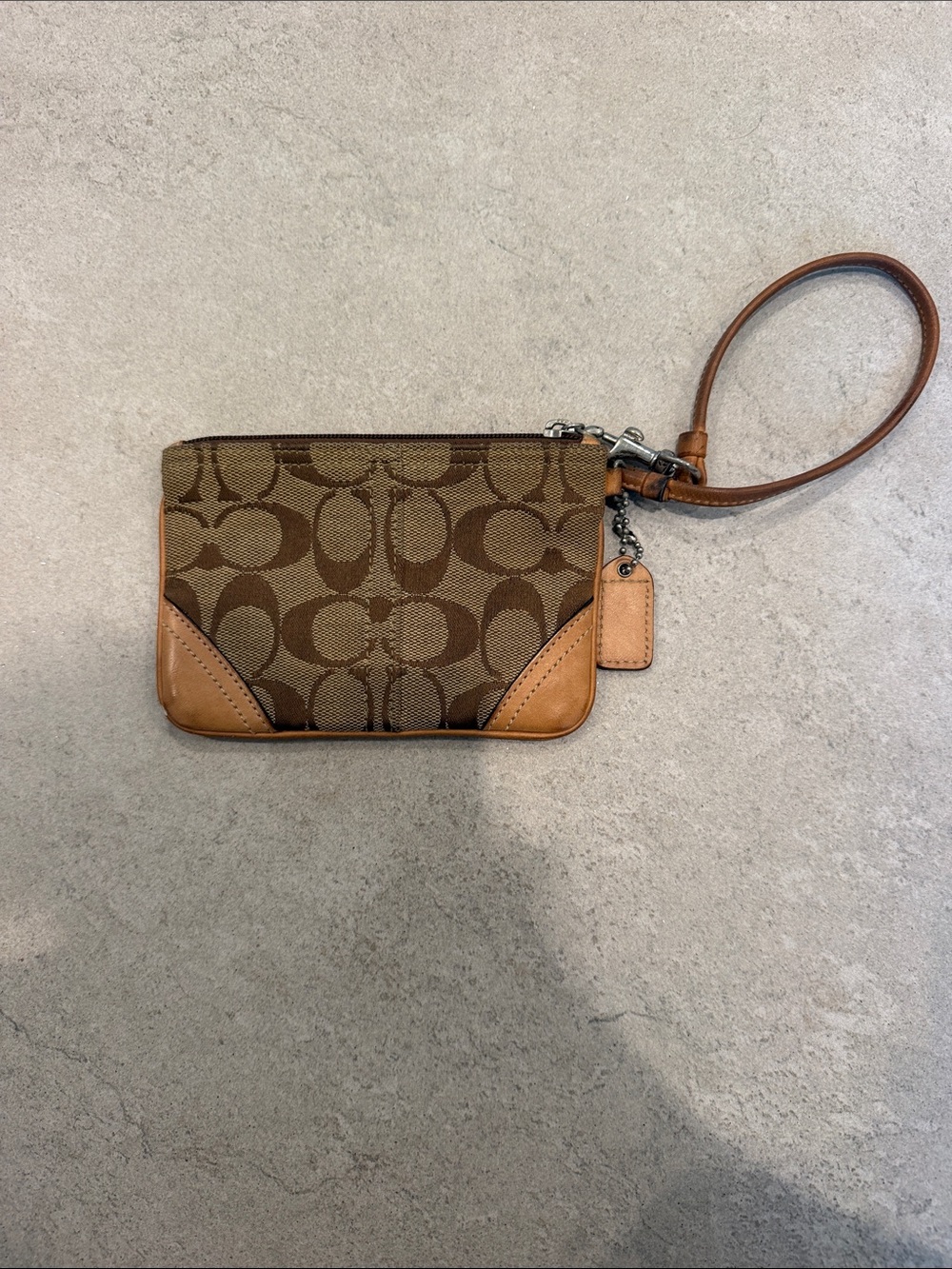 Coach Brown Signature Canvas Wristlet with Tan Leather Trim